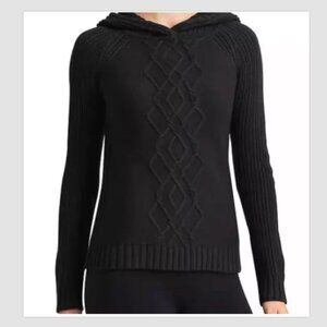 Athleta Cold Spell Extra Fine Merino Wool Cable Knit Hoodie Sweater Black Size S